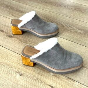 Anthropologie Bernardo Grey Sky Shearling Leather Suede Mules